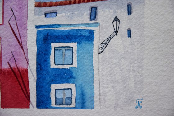 Lisbon small watercolor painting, colorful houses original painting, Portugal cityscape wall art