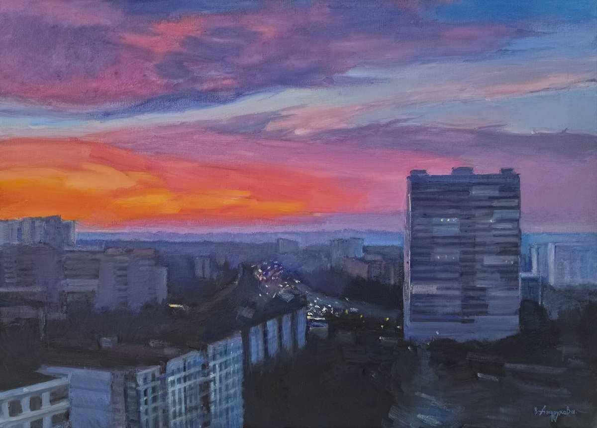 Impressionistic Landscape Oil Painting By Valentina Andrukhova, 28 X 20", Sunset In Khark?v, Original Artwork