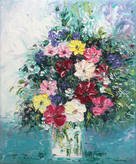 Flowers for you - still life - floral bouquet - palette knife impressionistic textured oil painting on canvas