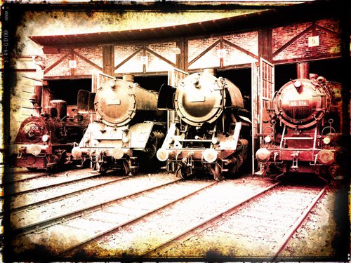 Old steam trains in the depot - print on canvas 60x80x4cm - 08496m1 by Kuebler