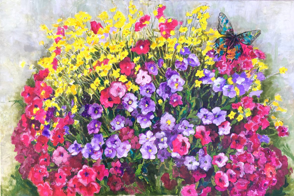 Impressionistic Botanical Oil Painting By Patricia Clements, 36 X 24", Summer Flowers And Butterfly, Original Artwork