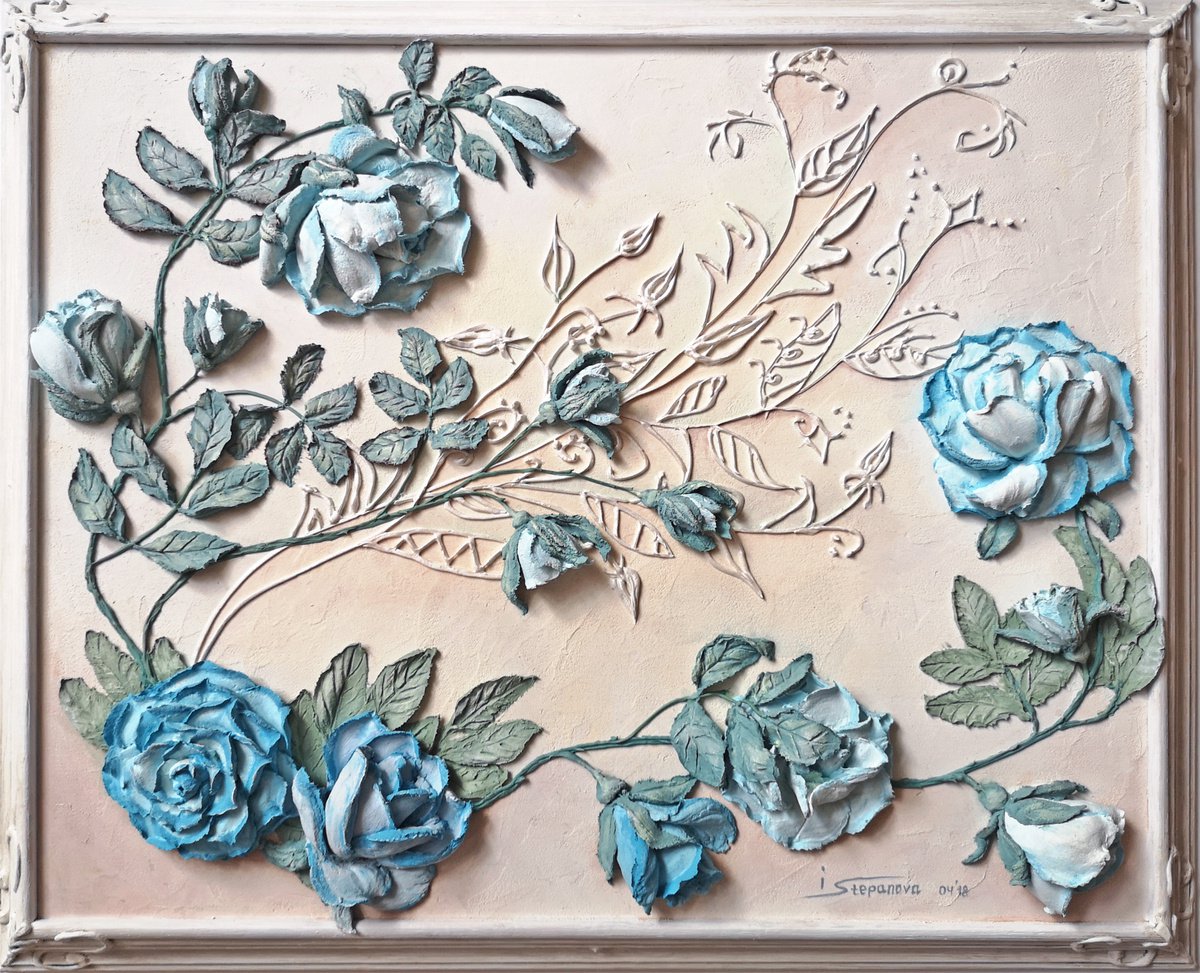 Blue flowers - a framed relief landscape painting with blue roses on a white background, o... by Irina Stepanova