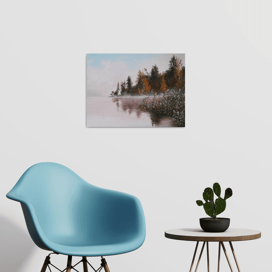 Autumn Foggy Lake with Trees