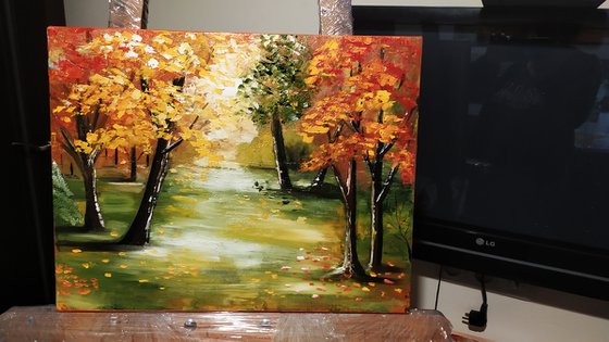 Autumn morning, original landscape with trees and leaves, gift