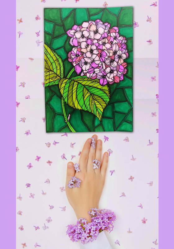 Hydrangea - lilac light pink green graphic art flower, floral illustration