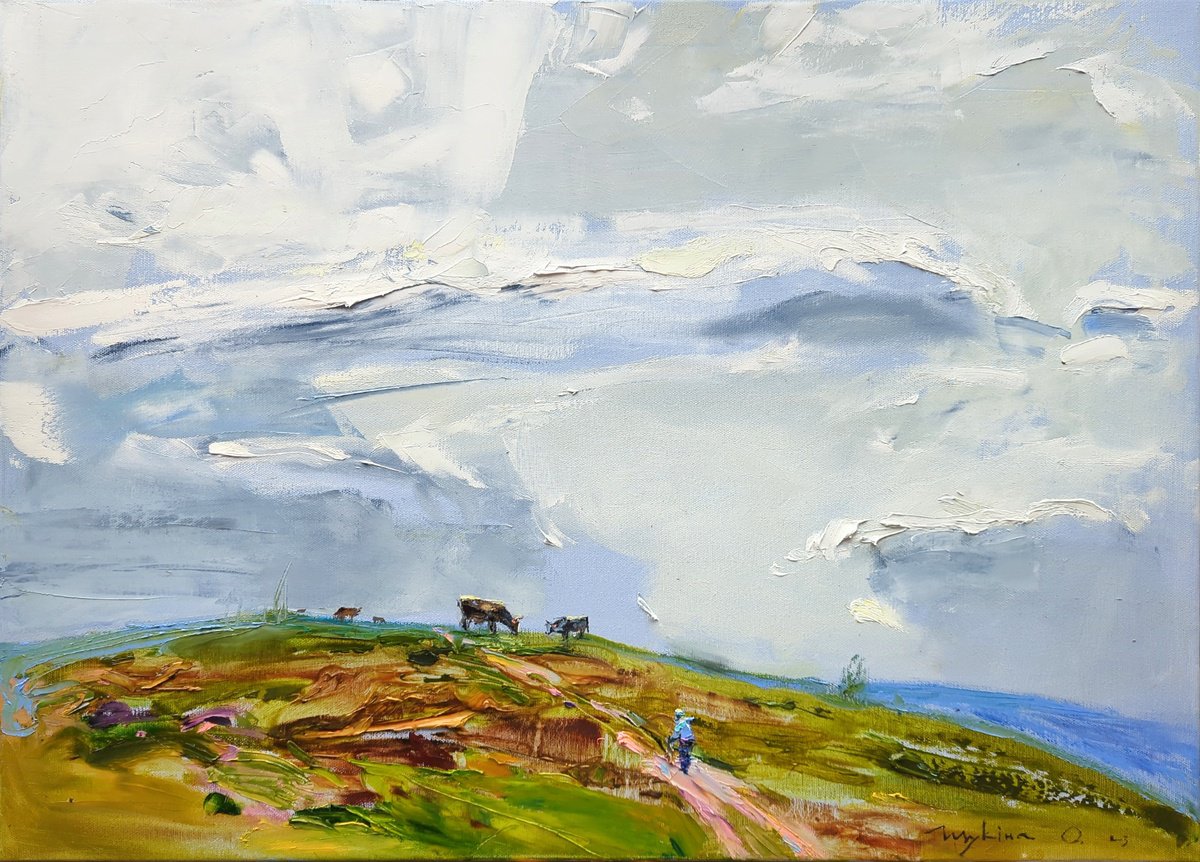 Expressive Landscape Oil Painting By Helen Shukina, 28 X 20, Heavenly Spaces Mountains, Original Artwork