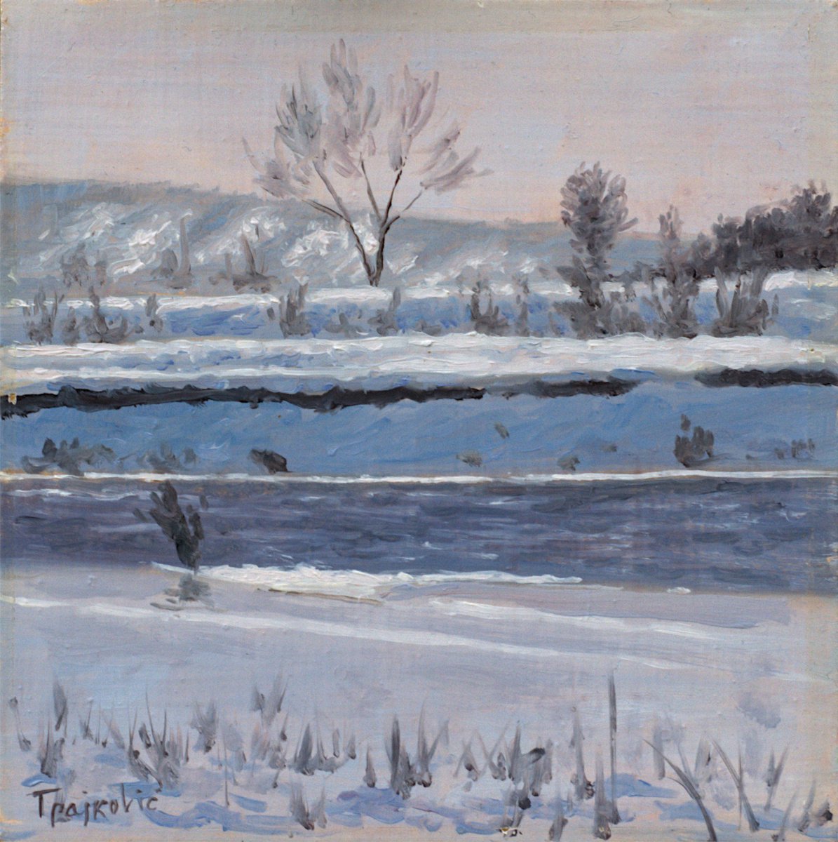 Impressionistic Landscape Oil Painting By Dejan Trajkovic, 9 X 9, Snowy Coasts, Original Artwork