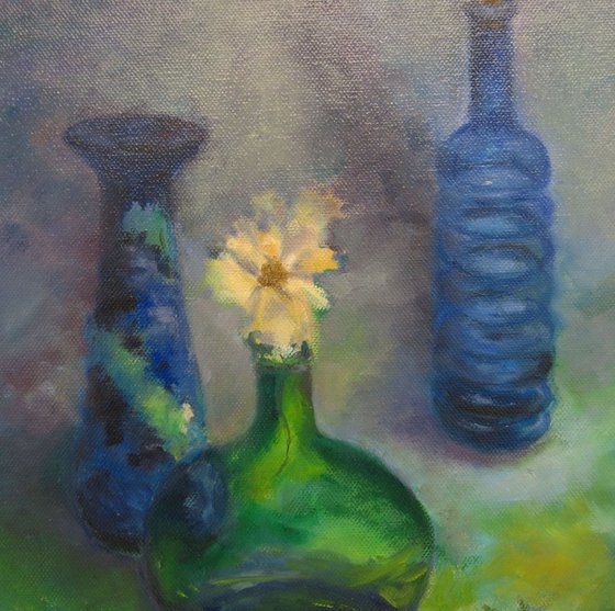 Green Bottle with Yellow Flower