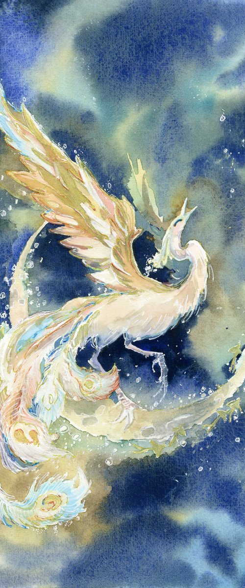 Lunar Firebird, Fantasy bird in watercolour by Yulia Evsyukova