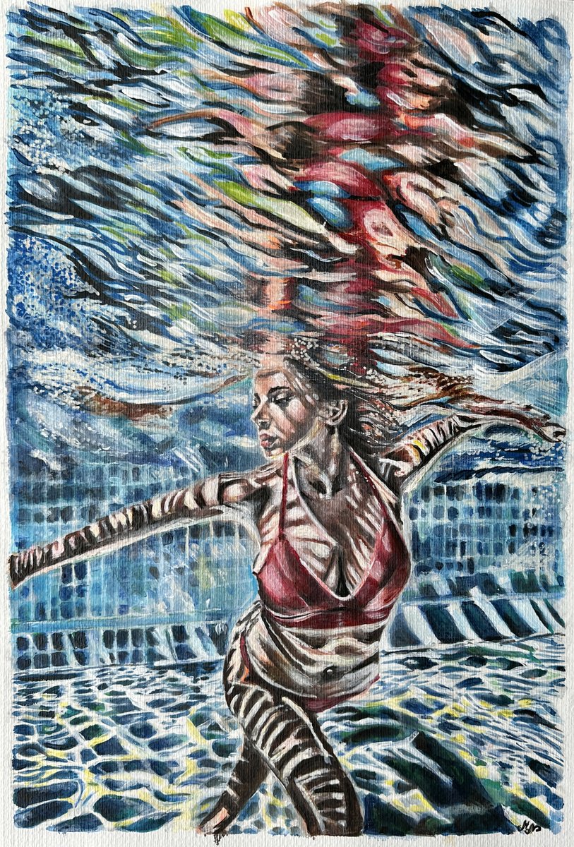 Impressionistic Portrait Acrylic Painting By Misty Lady - M. Nierobisz, 13 X 19", Underwater Beauty, Original Artwork