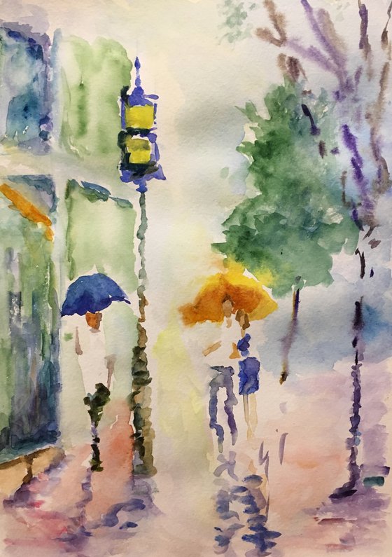 Rainy City, People under an umbrella, watercolor cityscape