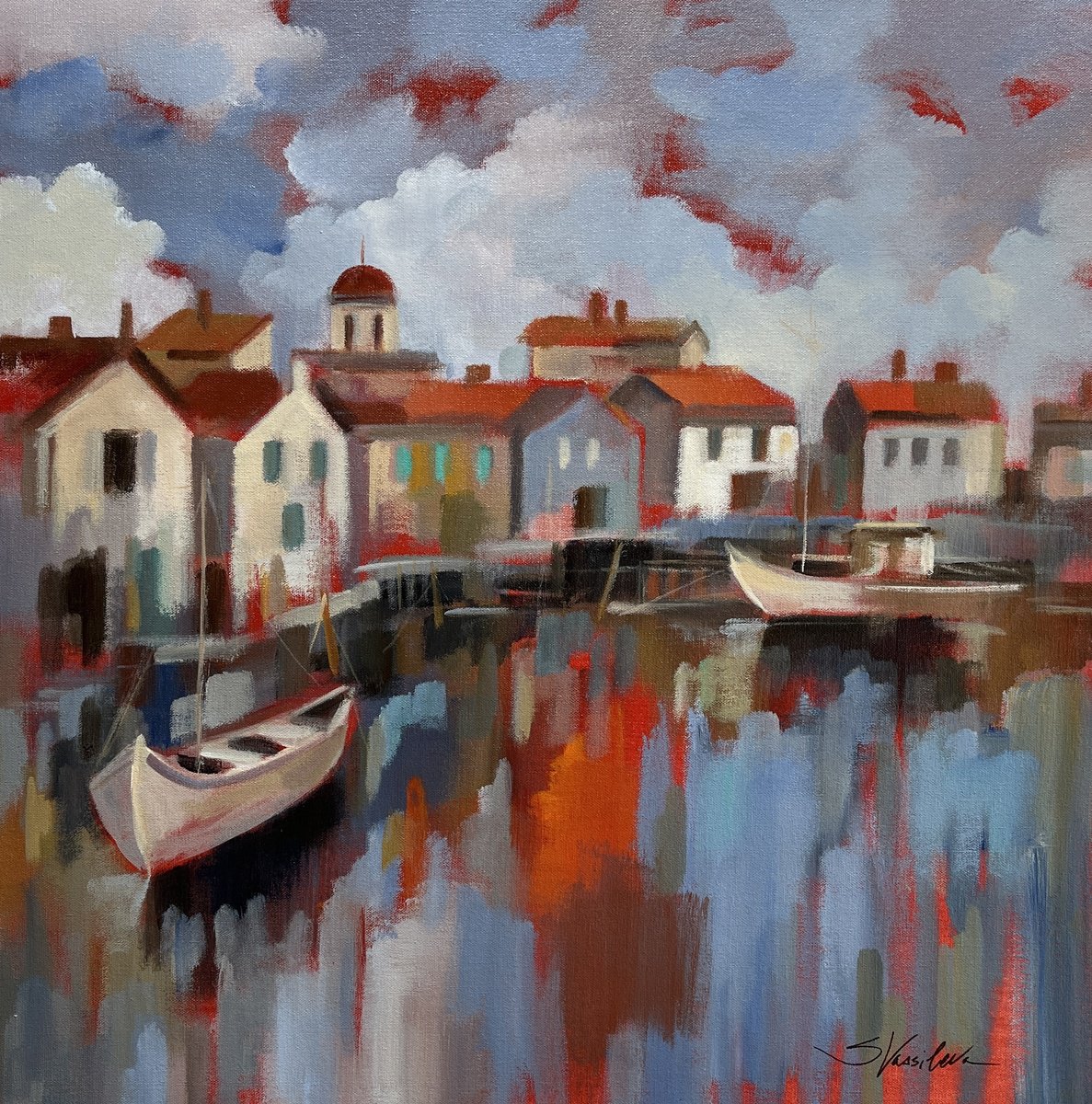 Impressionistic Cityscapes Acrylic Painting By Silvia Vassileva, 26 X 26", Seaport Village, Original Artwork