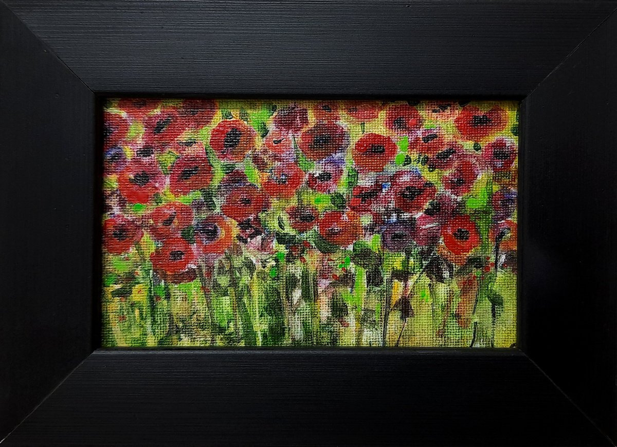 Poppy fields Miniature Landscape painting 5x 3 by Asha Shenoy