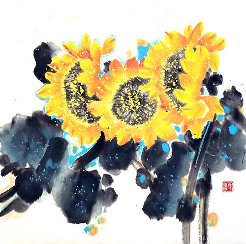 Sunny sunflowers - Oriental Chinese Ink Painting by Ilana Shechter