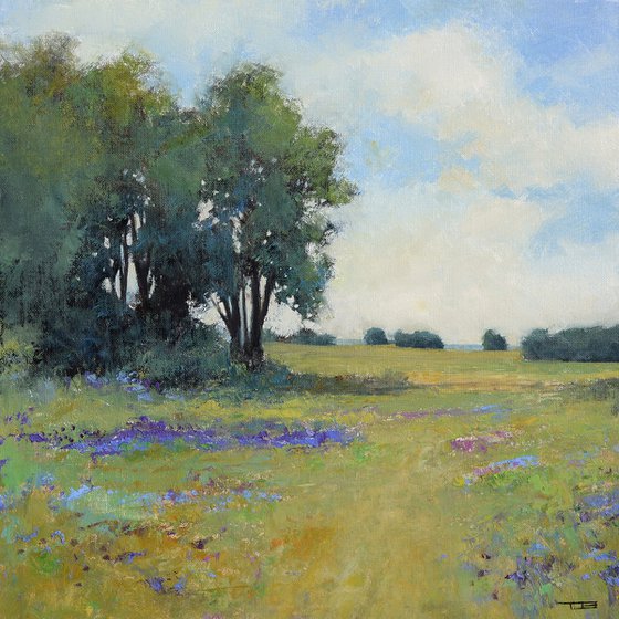 Spring Blue Sky  220321, flower field impressionist landscape oil painting