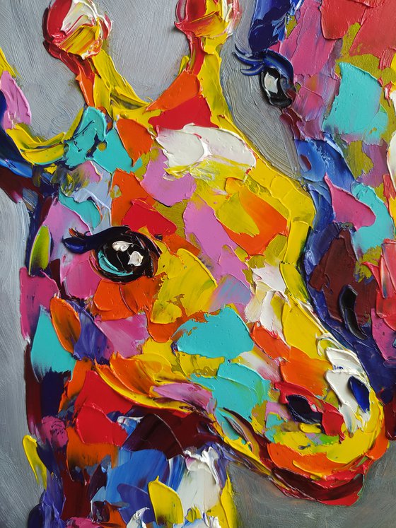 Big mother's love - animal, motherhood, giraffes, animal face, love, mother, painting on canvas, mother and child, gift, animals art, animals oil painting