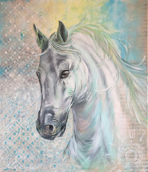 GRACE -White horse. Stallion. Totem animal. Running horse. Wild Horse. Gorgeous mane. Abstract background. Beauty. Force. Power. Steed. by Marina Skromova