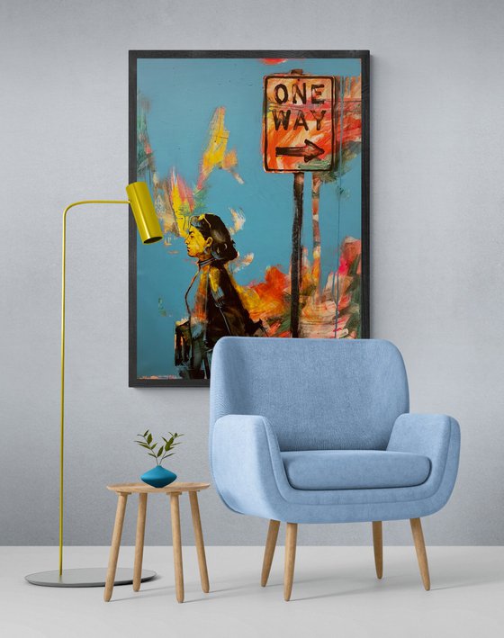 Bright vertical painting - "ONE WAY" - Street art - City - Street - Girl - Road sign - Urban art - Cityscape