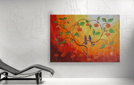 Apple Tree and two blue birds Large orange painting 110x160 cm unstretched canvas art
