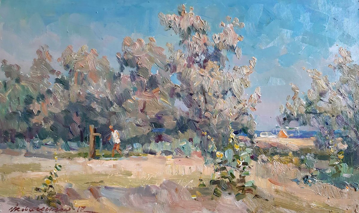 Impressionistic Landscape Oil Painting By Ivan Kovalenko, 20 X 12, Garden Care, Original Artwork