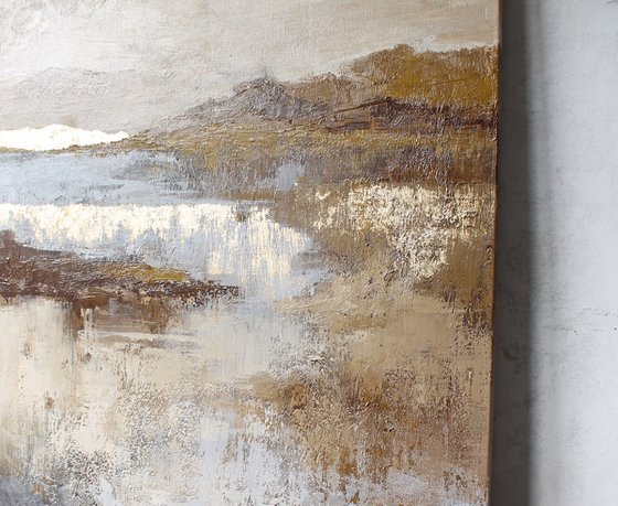 "Mountains" Abstract cream gold acrylic art