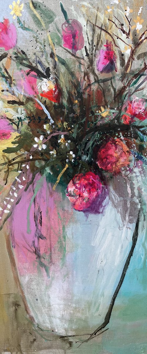 Autumn Flowers in a White Vase by Sandy Dooley