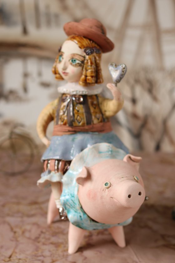 Vintage dressed girl riding the pig. From "Le Carousel, Hommage à l'Innocence" project by Elya Yalonetski