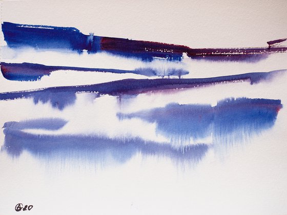 Abstraction landscape. Spanish series. #1 cold. Small interior gallery wall white watercolor acuarelle
