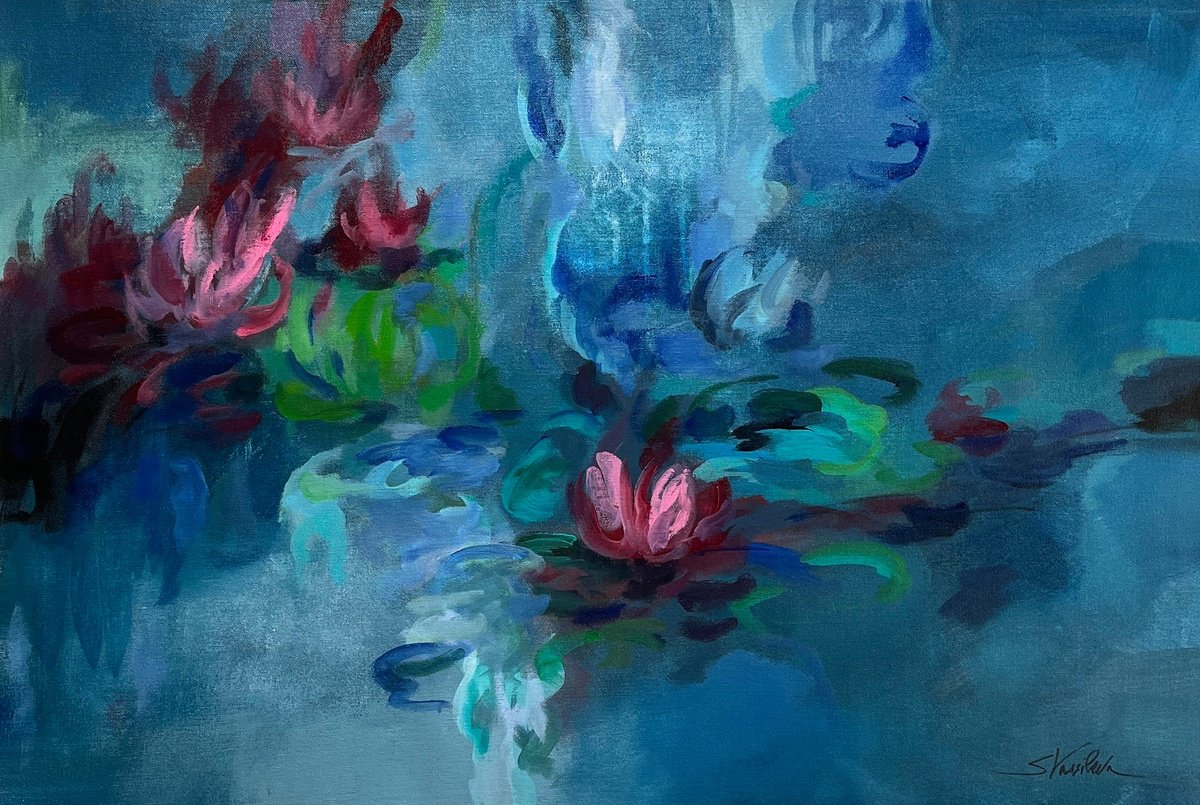 Impressionistic Botanical Acrylic Painting By Silvia Vassileva, 36 X 24", Waterlilies Evening, Original Artwork