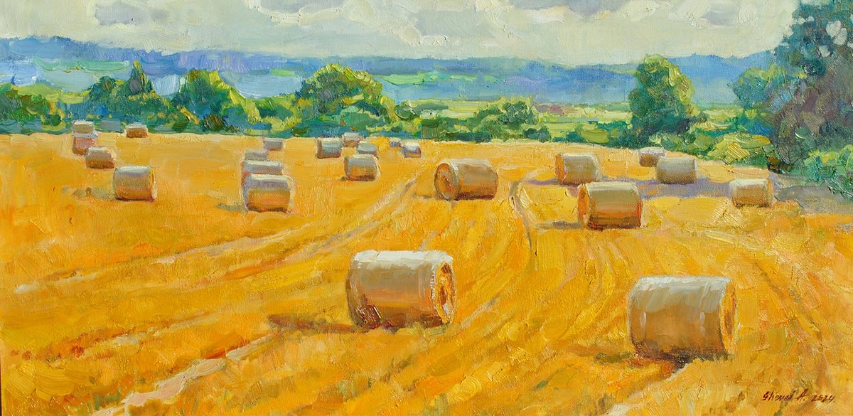 Impressionistic Landscape Oil Painting By Anna Shevel, 31 X 16, Ovington Harvest, Original Artwork