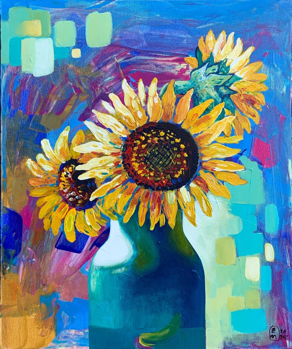 Expressive Still Life Acrylic Painting By Elena Tomilova, 16 X 20, Still Life With Sun Flowers, Original Artwork