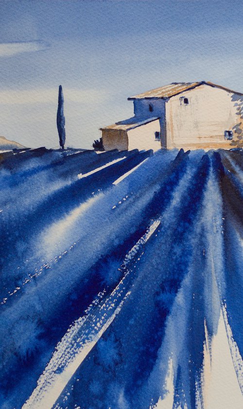 Lavender field in Provence. Color experiment in 2 colours. Medium watercolor pastel drawing bright colors France by Sasha Romm