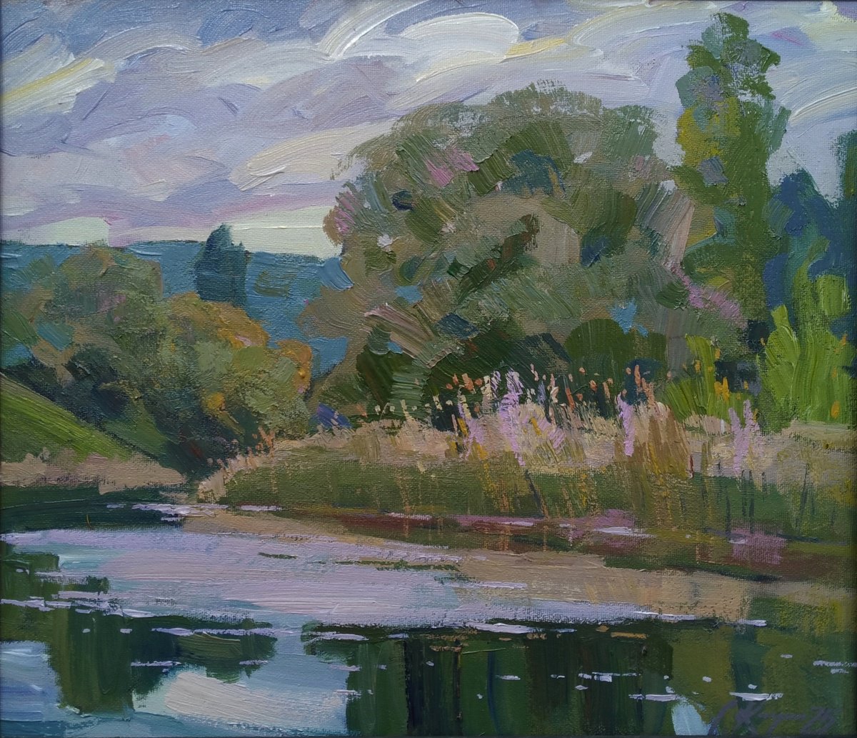 Impressionistic Landscape Acrylic Painting By Sergey Kachin, 26 X 23", Before The Rain, Original Artwork