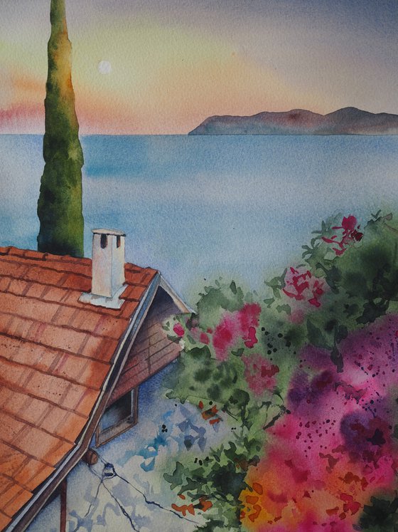 Mediterranean vibe - original watercolor cityscape seaview