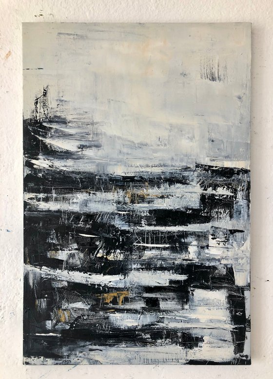 Northern glimpse. Black and white abstract painting.