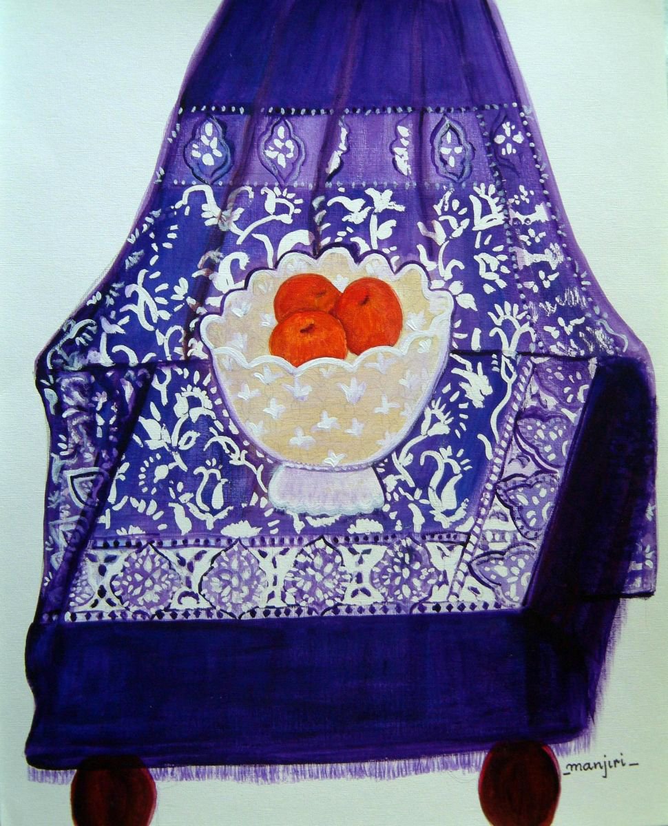 Fruits bowl still Life with purple shawl by Manjiri Kanvinde