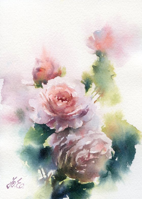 Pink roses, small watercolor Garden painting
