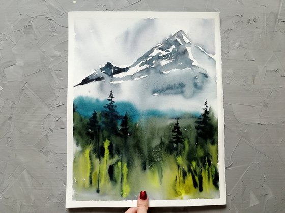 Foggy mountain painting