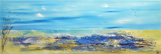 On the Beach - Abstract- Painting- Acrylic Canvas Art - Wall Art - Framed Art - Blue Art - Modern Art