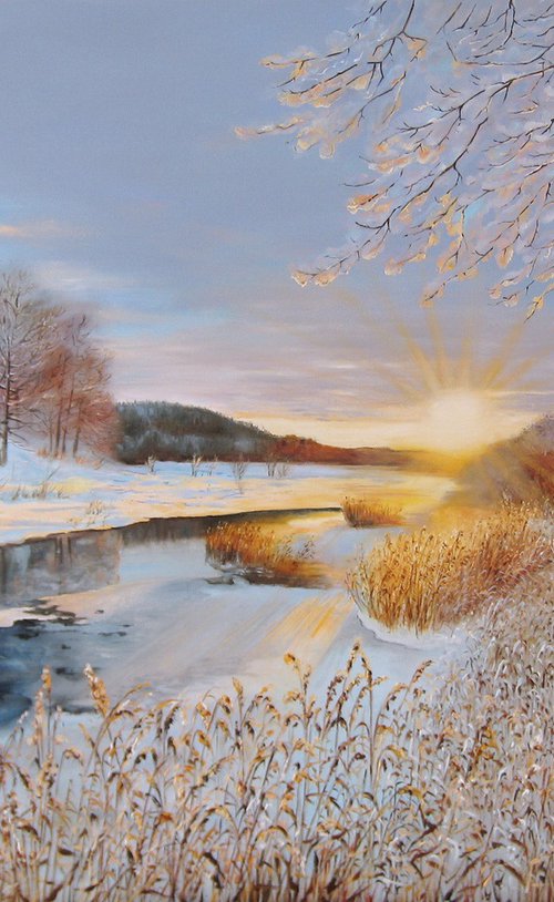 Winter Sunset Over Frozen River by Natalia Shaykina