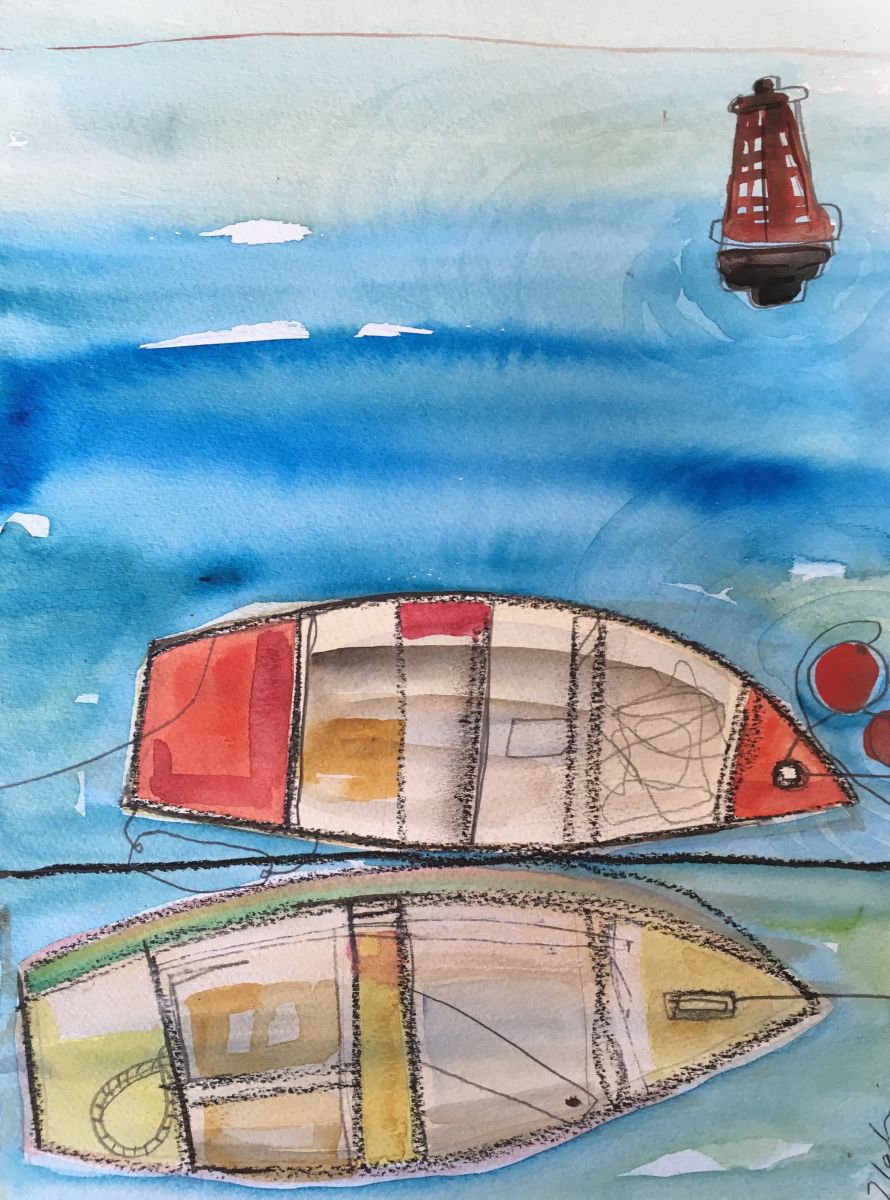 Boats in the harbour by Amanda Lakin Art