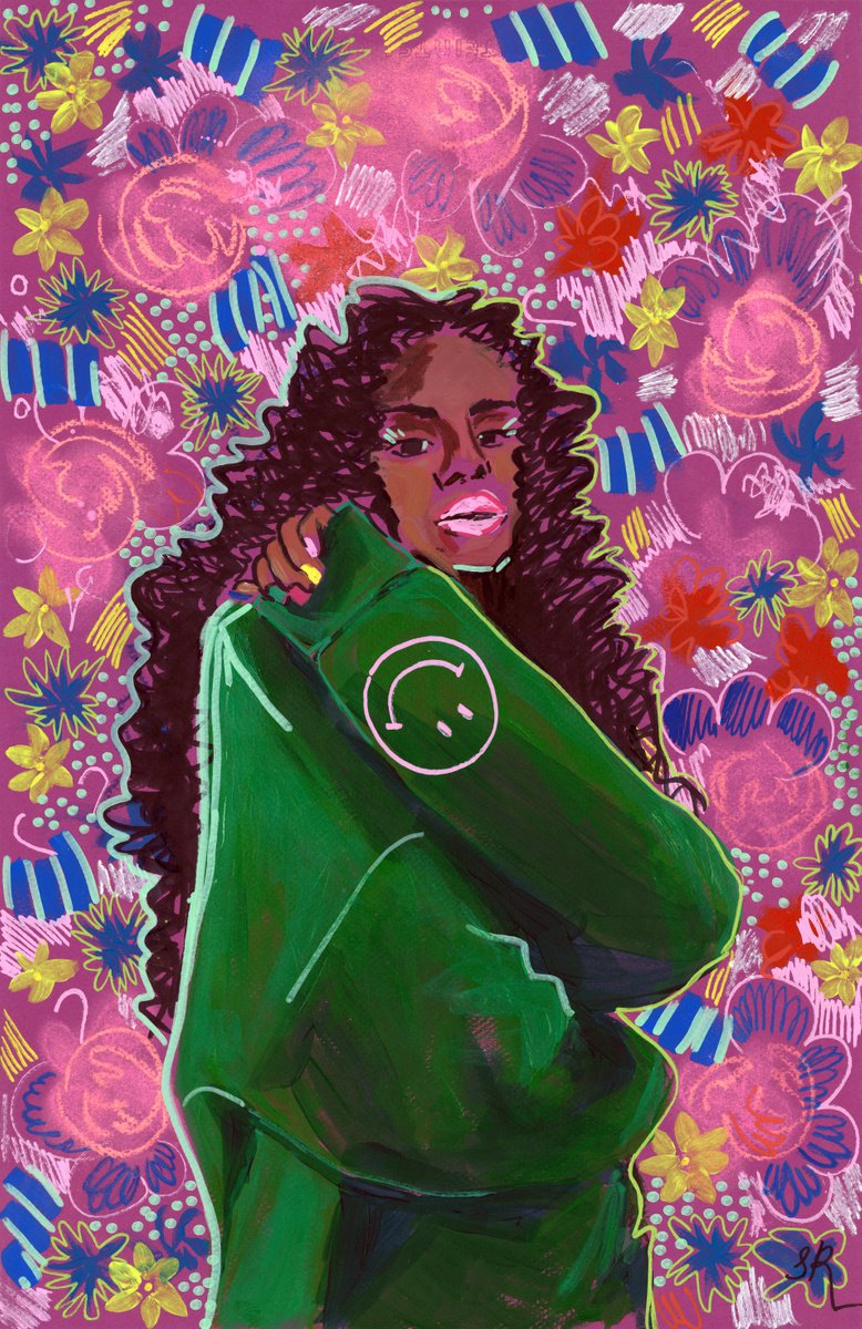 ROS IN THE AIR - acrylic drawing on paper, original gift, black woman, fashion, woman, wal... by Sasha Robinson