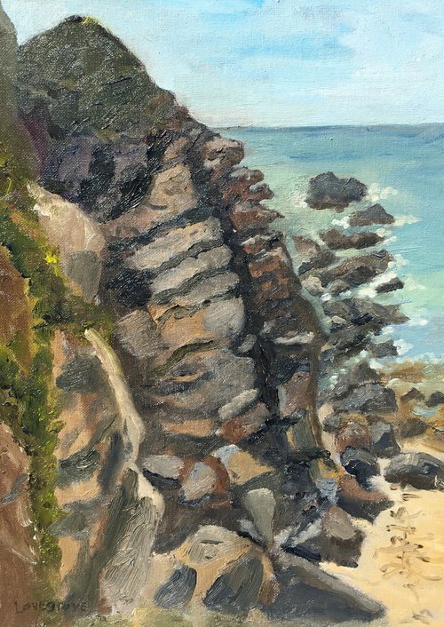 Rocky cliffs in Cornwall, an original oil painting by Julian Lovegrove Art