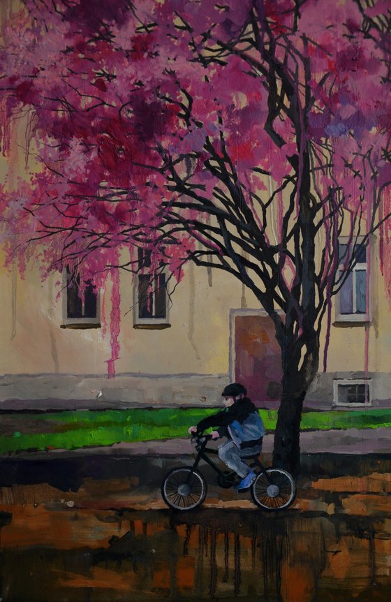 Blossoming. Cyclist