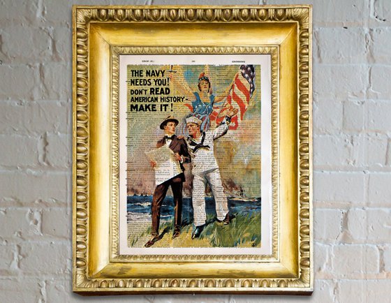 The Navy Needs You! - Collage Art Print on Large Real English Dictionary Vintage Book Page