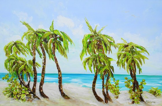 Large Abstract Seascape Painting. Palm trees. Beach, ocean, waves, sky with clouds, sailboats, sailing, yacht.