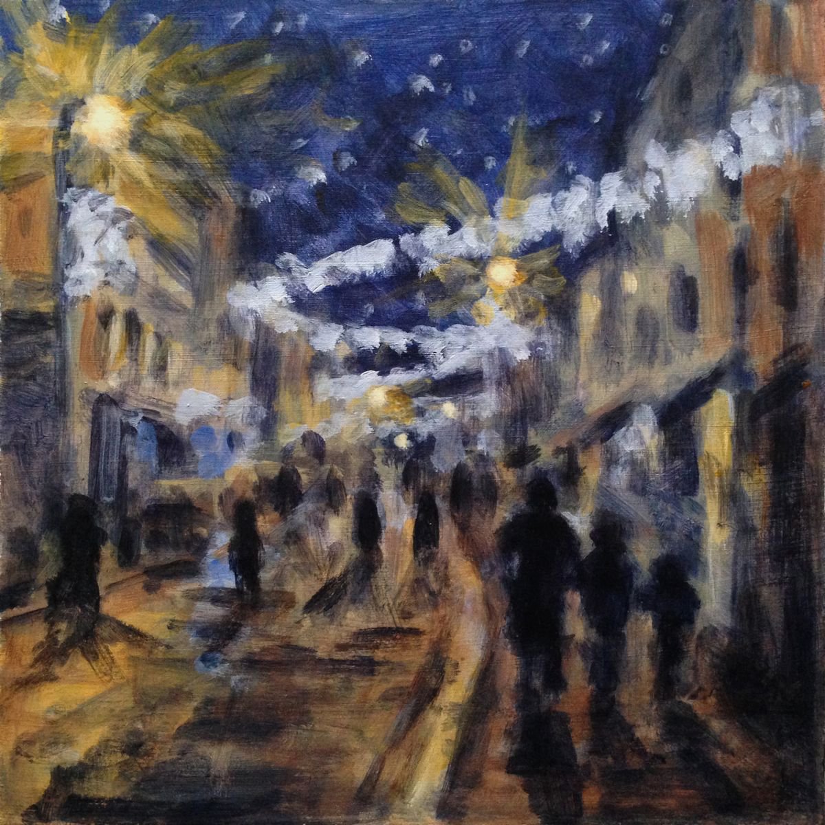 Impressionistic Cityscapes Acrylic Painting By Hugo Lines, 11 X 11, Christmas Lights On Fore St, Original Artwork
