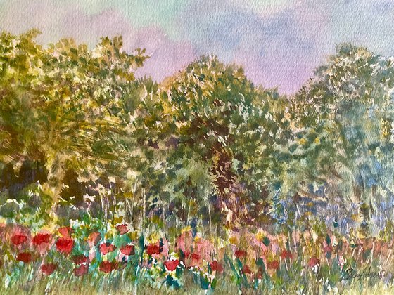 Summer meadow and Oak trees