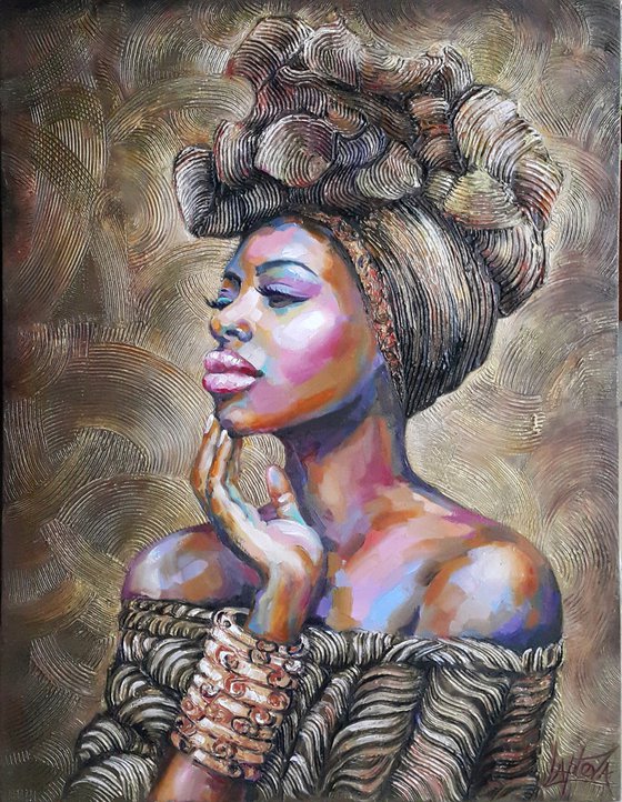 Painting portrait Gold of Africa, portrait of african woman