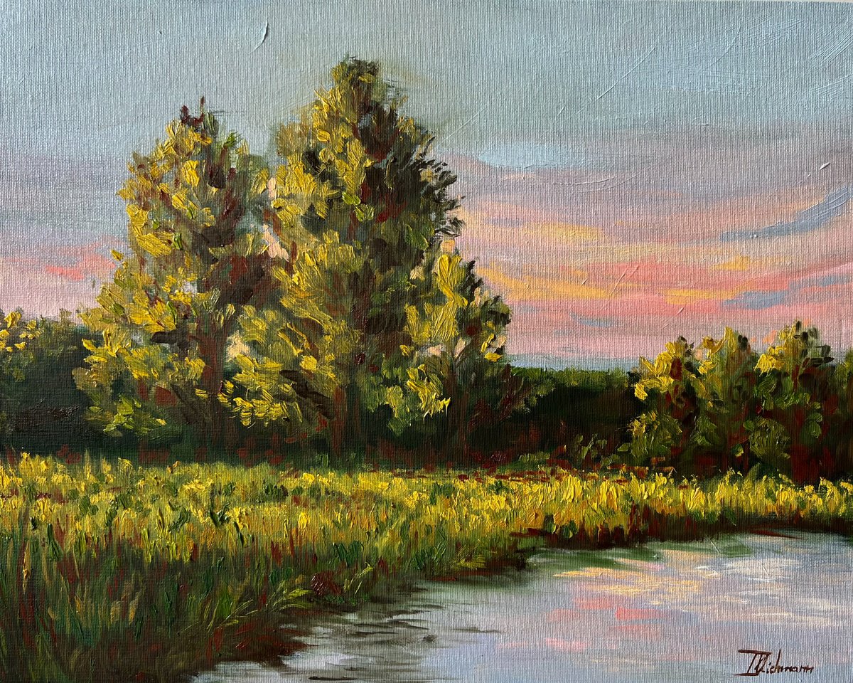 Impressionistic Landscape Oil Painting By Liza Illichmann, 20 X 16", Riverside Reflections, Original Artwork